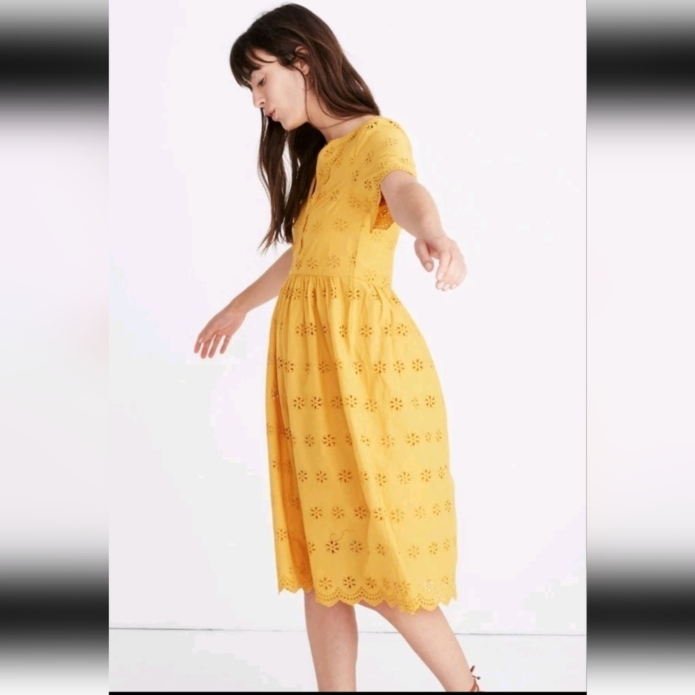 Madewell Womens Yellow Scalloped Eyelet Midi Boho Prairie Cottagecore Dress 4